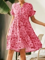 Detail of pink floral dress featuring button-down V-neckline and ruffled flutter sleeves - S / Red