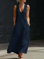 Navy blue V-neck cotton linen maxi dress with side decorative buttons and pockets - S / Navy Blue