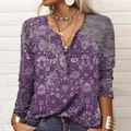 Detail of bohemian print on long sleeve V-neck Henley shirt with button neckline - Floral Dark Purple