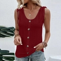 Detail of wine red ribbed knit tank top with button-front and tie-up shoulder straps - S / Tops / Burgundy