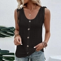 Close-up of black U-neck sleeveless tank top with shoulder ties and button front detail - S / Tops / Black