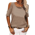 Detail of khaki cold-shoulder T-shirt featuring decorative cross-strap neckline design - S / Tops / Khaki
