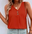Close-up of orange V-neck sleeveless top featuring decorative wooden style buttons - Orange Red