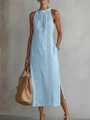 Light blue halter maxi dress with geometric lace embroidery and side slits for summer - Sky Blue
