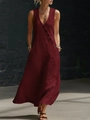 Sleeveless deep V-neck cotton linen maxi dress in dark red with side button detail - Burgundy