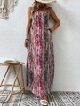 Detail of bohemian spaghetti strap maxi dress with colorful ethnic vertical stripes - S / Burgundy