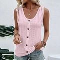 Detail of light pink knit tank top featuring wooden buttons and shoulder ribbon ties - S / Tops / Sky Blue
