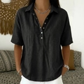 Women's loose black short-sleeve linen shirt with lapel collar and metal snap buttons - S / Tops / Black