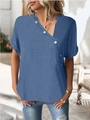 Camisa de mujer de manga corta en azul brumoso con botones diagonales y ajuste holgado - S / Azul