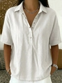White short sleeve cotton linen shirt with button-down collar and pleated details - S / Tops / White