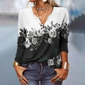 Damen V-Ausschnitt Langarmshirt mit floralem Muster und schwarz-grauem Rosendruck - S / Schwarz