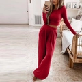 Zweiteiliges Strick-Set für Damen mit Langarm-Crop-Top und weiter Hose aus Rippenstrick - S / Rot
