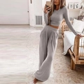 Graues zweiteiliges Strick-Homewear-Set für Damen mit kurzem Oberteil und weiter Hose - S / Grau