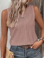 Detail of summer sleeveless knit top in lotus pink featuring V-neck and decorative buttons - S / Tops / Dark Pink