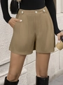 Women's pleated khaki corduroy shorts with high waist and decorative silver buttons - Khaki