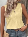 Detail of light yellow eyelet embroidery tank top with three-button neckline and floral texture - S / Tops / Yellow