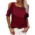 T-shirt femme bordeaux à épaules dénudées avec décolleté croisé et manches courtes - Bordeaux