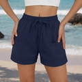 Detail of high-waisted navy blue casual shorts with elastic drawstring and side pockets - Navy Blue