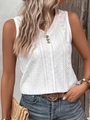 White sleeveless V-neck top with geometric eyelet embroidery and vintage buttons - White
