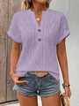 Slim fit light purple V-neck knit top with cable knit details and button closure - S / Violet