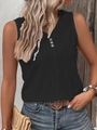 Women's black sleeveless tank top with V-neck button detail and hollow eyelet knit fabric - S / Black