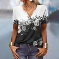 Dames T-shirt met V-hals, korte mouwen en zwart-witte gradiënt roos bloemenprint - S / Zwart (Rozenprint)