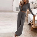 Women's dark grey ribbed knit two-piece lounge set with crop top and wide-leg pants - Dark Gray