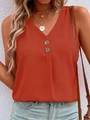 Women's V-neck sleeveless tank top with wooden buttons in burnt orange textured fabric - S / Orange Red