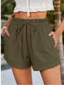 Women's casual high-waisted olive green cotton linen shorts with drawstring waist - Army Green