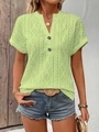 Women's light green V-neck knitted t-shirt with diamond hollow out texture and buttons - Light Green