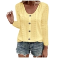 Women's light yellow long sleeve pointelle knit top with round neck and button detail - S / Tops / Yellow