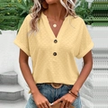 Women's yellow V-neck short sleeve T-shirt with hollow texture and button details - Yellow