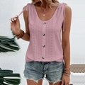 Pink tank top with lace embroidery texture, U-neck, button front and shoulder ties - 3XL / Tops / Deep Pink