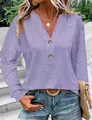 Women's light purple eyelet embroidered V-neck long sleeve top with decorative buttons - Violet