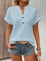 Women's light blue short sleeve knit top with V-neck button detail and textured pattern - Sky Blue