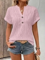 Pink knit V-neck T-shirt with button detail and diamond hollow crochet texture - Pink
