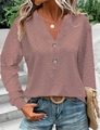 Women's V-neck long sleeve top in dusty rose with hollow eyelet texture and metal buttons - Dark Pink