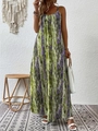 Abito lungo con stampa animalier verde e viola e spalline sottili per le vacanze estive - S / Giallo