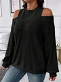 Close-up of black ribbed knit texture on a cold-shoulder top with a mock neck collar - S / Black