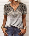 Women's vintage paisley print short sleeve T-shirt with buttoned crew neck in beige - S / Khaki (Paisley Print)