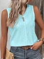 Light blue eyelet sleeveless vest top with V-neck and decorative buttons for summer - Sky Blue