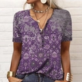 Detailed view of women's purple V-neck T-shirt with ethnic print and black button accents - S / Dark Purple Floral (All-over Print)