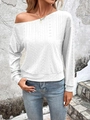 Women's elegant off-shoulder white knit long sleeve top with hollow diamond pattern - S / White