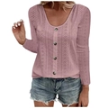 Women's long sleeve crew neck knit top with buttons in dusty rose pink color - Lotus Pink
