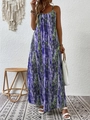 Abito lungo da donna con spalline sottili e motivo leopardato astratto viola e verde - S / Blu