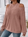 Detail of the cold shoulder cut-out and ribbed knit texture on the pink long sleeve top - S / Pink