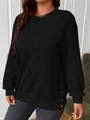 Close-up of black textured plaid fabric and decorative wood buttons on women sweatshirt - S / Black
