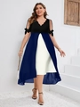 Women V-neck patchwork midi dress with bow detail and asymmetric blue chiffon skirt - S / Bottoms / Blue