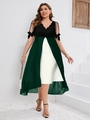Women's V-neck patchwork midi dress with scalloped collar and irregular green hemline - S / Bottoms / Dark Green