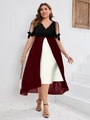 Women's plus size V-neck dress with scallop trim and elegant color-block patchwork - S / Bottoms / Burgundy